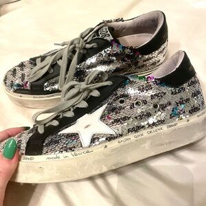 AUTHENTIC Golden Goose Hi Star Silver Sequin Sneaker Size 38